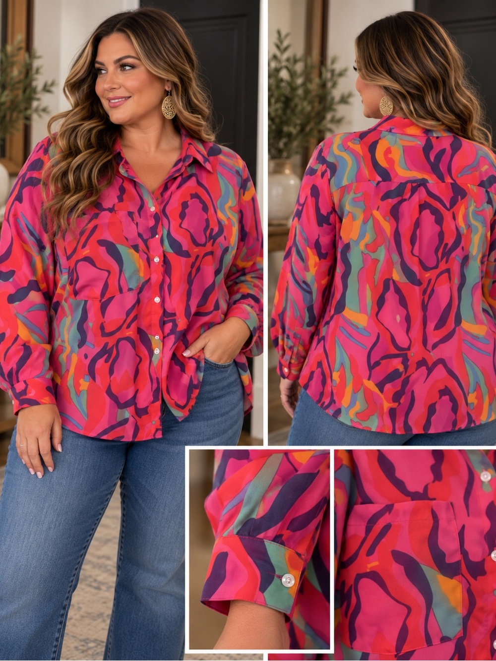 Plus-Size Vibrant Pink Abstract Button-Down Shirt